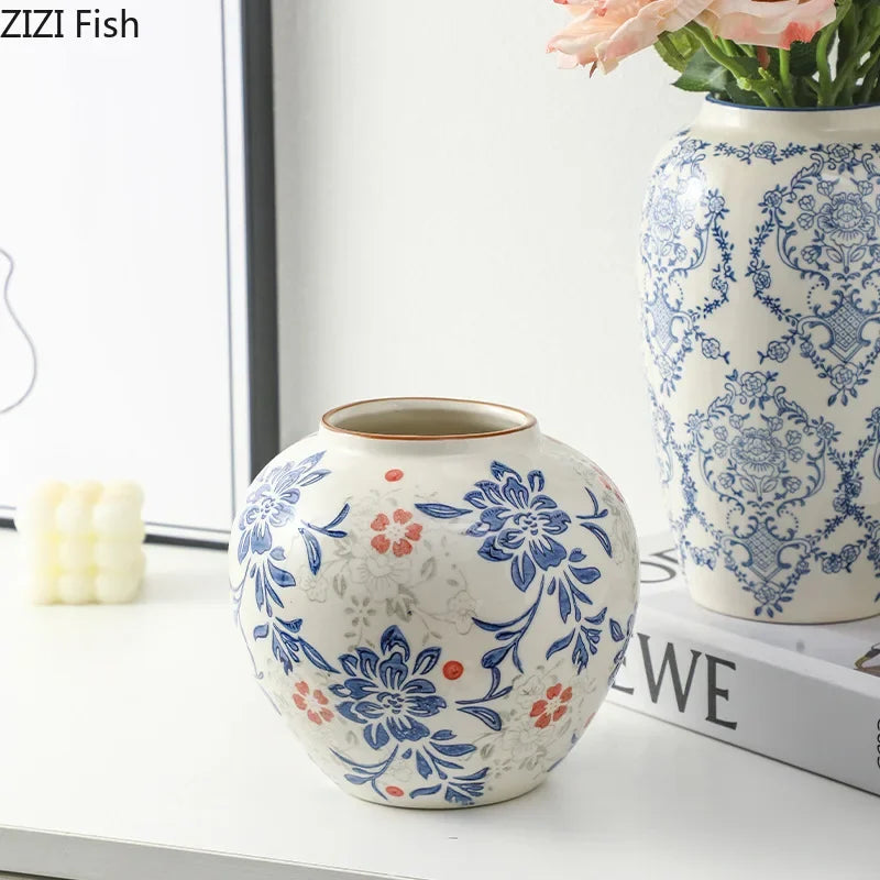 Red and White Porcelain Vase Elegant Classical Flowers Pot