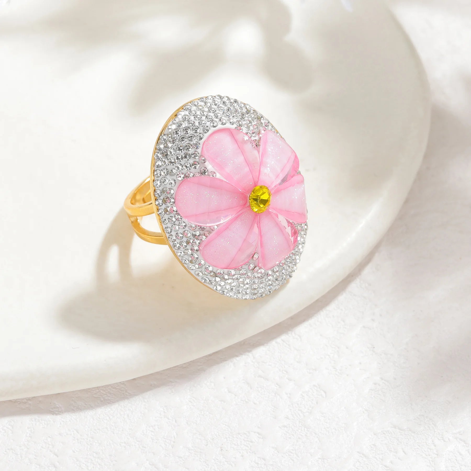New Gold-plated Stainless Steel Open Ring Inlaid Zircon Multicolor Oil Drop Flower Design Luxury Charming Women Jewelry Gifts