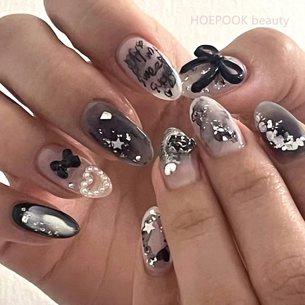 24pcs Burgundy Valentine's Day Fake Nails Bow Dot Diamond Design False Nails Art Removable Waterproof Artificial Press on Nail