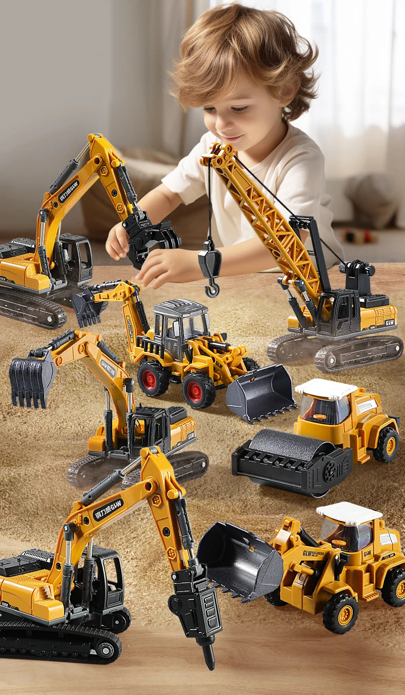 1:70 9 Styles Mini Yellow Alloy Forklift Driller Road Roller Engineering Diecast Construction Vehicle Inertia Toys for Boys Gift