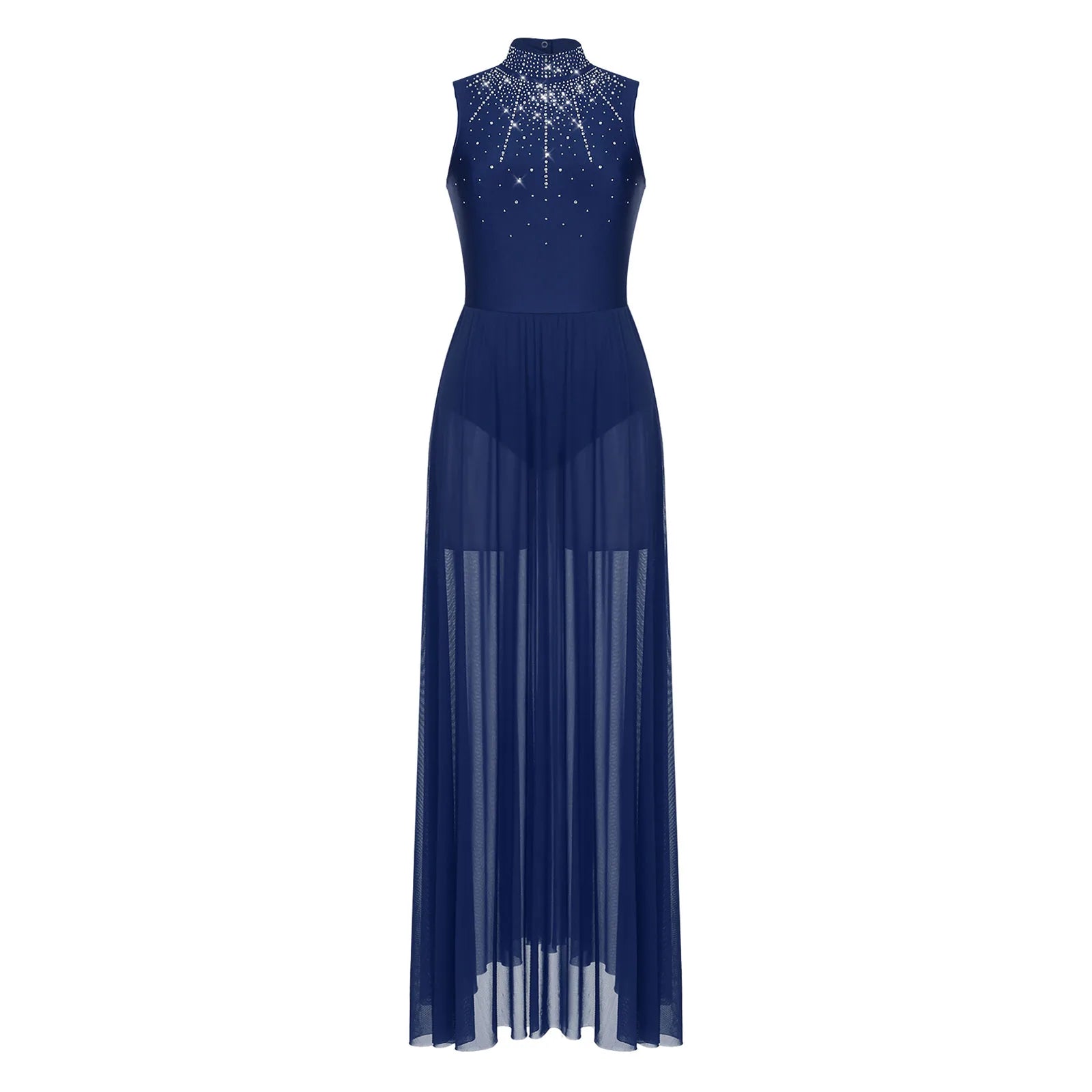 Womens Lyrical Dance Dresses Mock Neck Wide Hemline Shiny Rhinestones Maxi Dress Sleeveless Modern Contemporary Leotard Dresses