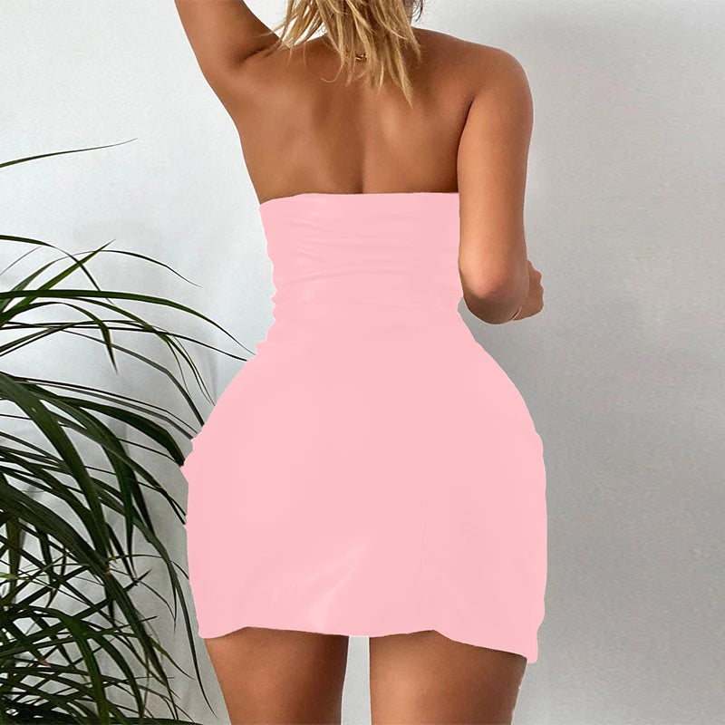 Hugcitar Pu Faux Leather Tube Mini Dress For Women Bodycon Sexy Streetwear Party Club Y2K Clothing Outfits Festival