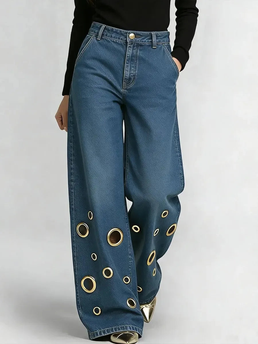 Women's High Waist Wide Leg Jeans with Gold Eyelets