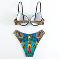 Green Peacock Print Bikini Set 2026 – Rhinestone Low Waist Thong Swimsuit