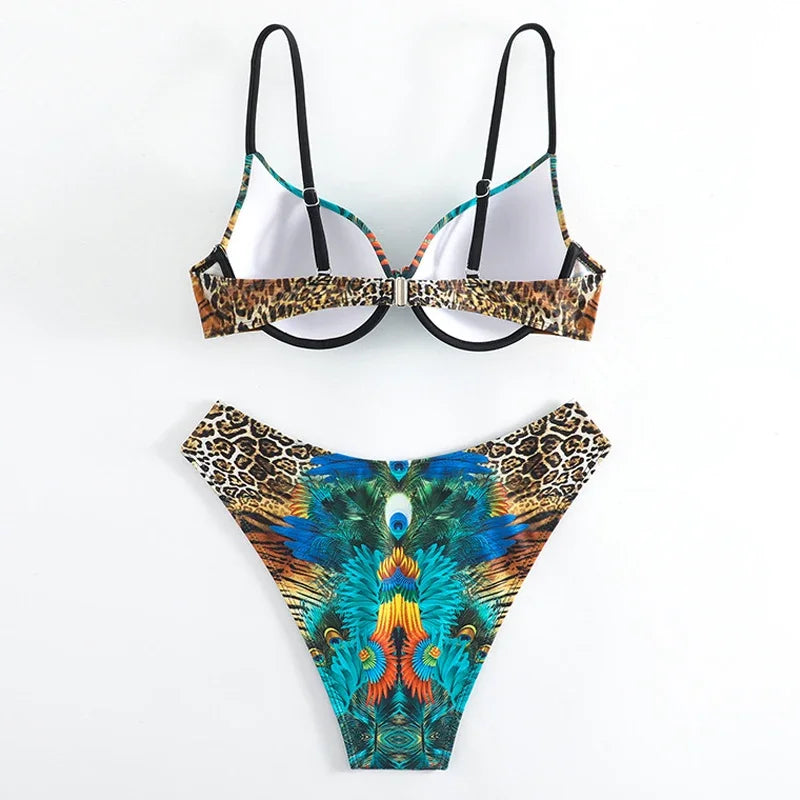 Green Peacock Print Bikini Set 2026 – Rhinestone Low Waist Thong Swimsuit