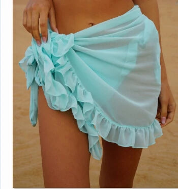 Women Swimsuit Bikini Cover-Ups Skirt Summer Solid Color Beach Wrap Skirt Swimwear Female Ruffles Trim Lace Up Sarong Cover Ups