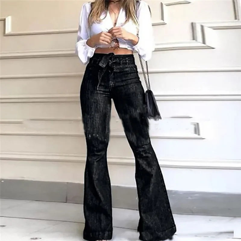 New Women Denim Tie Waist Flare Jeans Boyfriend Jeans Ladies High Waist Skinny bell bottom jeans Pants Autumn Wide Leg Mom Jeans