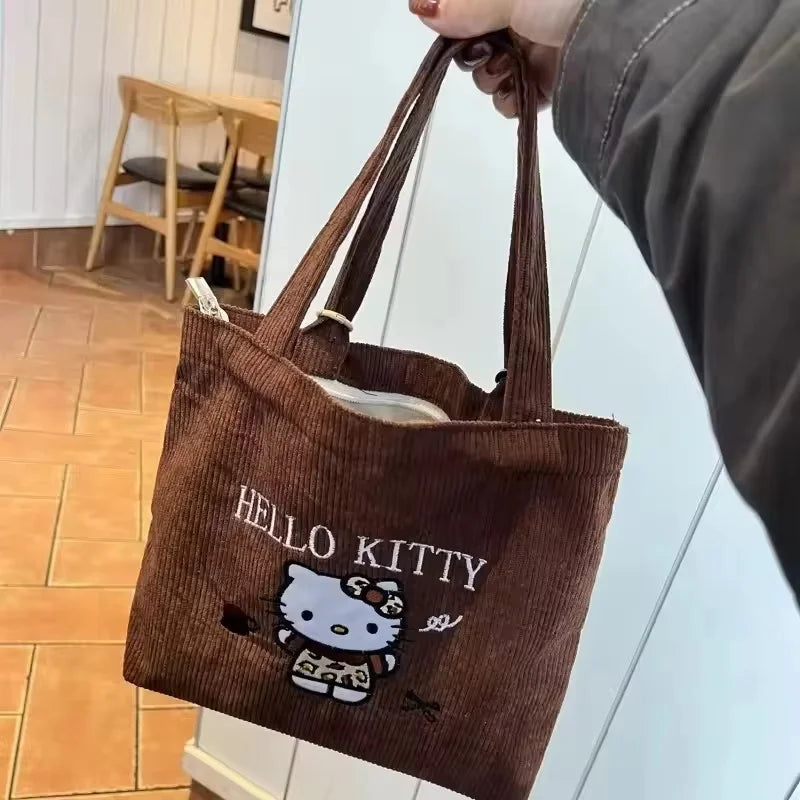 New Hello Kitty Handbag Cute Embroidered Large-Capacity Cartoon Handbag Corduroy Small Bag Students School Single Shoulder Bag