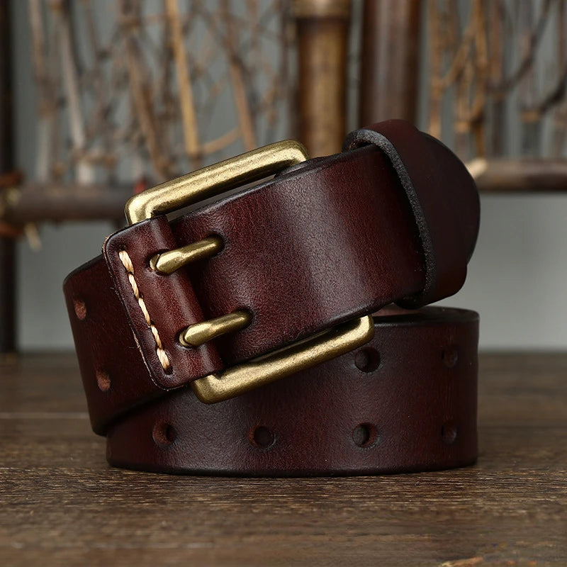 Men's Leather Belt 3.8cm*105-125cm Double Pin Buckle Belts Top Layer Cowhide Genuine Vintage Copper Decor Jeans Male Waistband