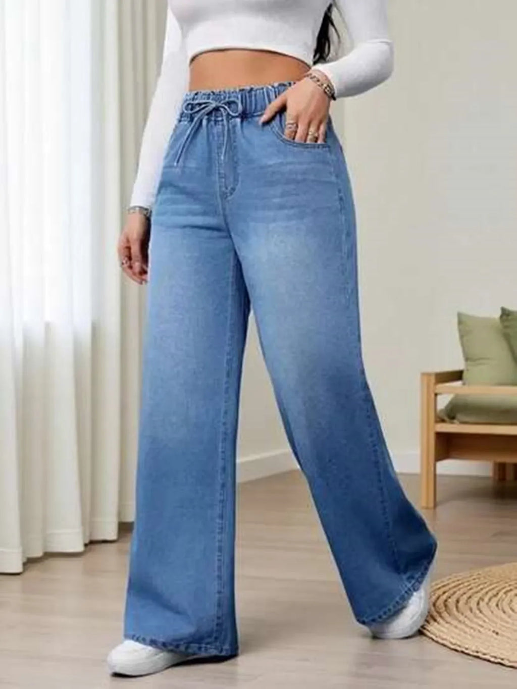 Elastic Waist Wide Leg Floor-Length Pants European American Trend Loose Casual High Waist Women Denim Jeans