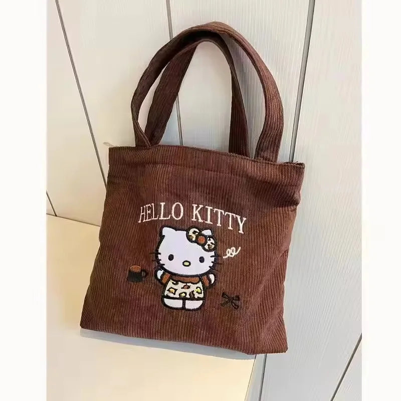 New Hello Kitty Handbag Cute Embroidered Large-Capacity Cartoon Handbag Corduroy Small Bag Students School Single Shoulder Bag