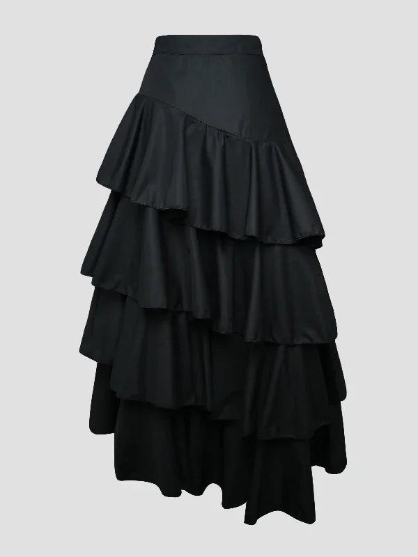 Women's Midi Skirts Summer Autumn Falbala Swing Party A-Line Classic Vintage Skirt for Lady High Waisted Long Skirts Black White