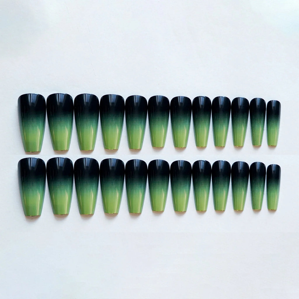 Black Green Long Coffin False Nails Gradient Color Press on Nails Full Cover Ballet Fake Nails Tips for Women Girls DIY Manicure