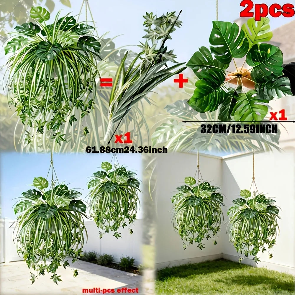 Artificial Plants Wall Hanging Chlorophytum Potted and Turtle Leaf Bamboo Green Plants