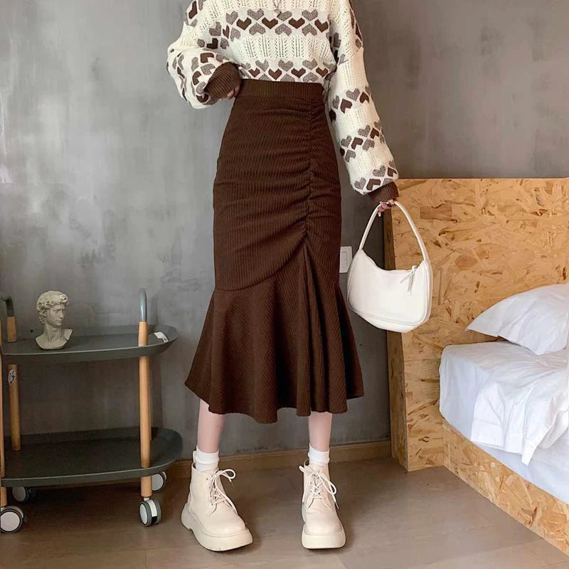 Fashion High Waist Midi Skirts for Women 2023 Spring Slim Fit  Hip Mermaid Skirt Woman Korean Ruffles Brown Skirts 2XL