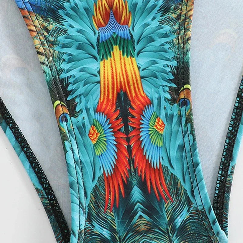 Green Peacock Print Bikini Set 2026 – Rhinestone Low Waist Thong Swimsuit