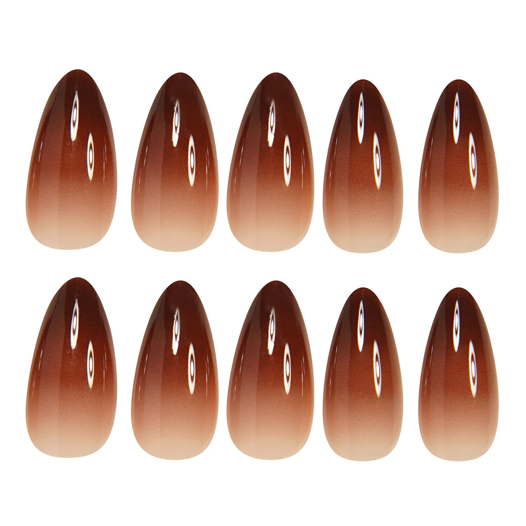 Medium fake nails for women girls gradient coffee color glossy Square almond nail tips full cover press on acrylic false nail