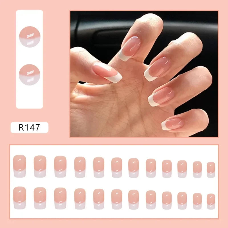 24 Pcs False Nail with Glue Designs Artificial Simple Pink White Art Nail Tip Self-nail Medium Square French Fake Nail Press On