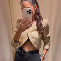 Tweed Style Metallic Thread Jacket Gold Cropped Length Chic Elegant Long Sleeve 2025 Autumn Women Outerwear Fashion Party Jacket