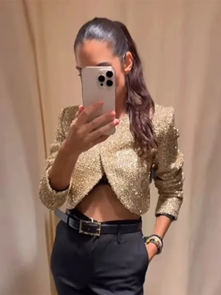 Tweed Style Metallic Thread Jacket Gold Cropped Length Chic Elegant Long Sleeve 2025 Autumn Women Outerwear Fashion Party Jacket