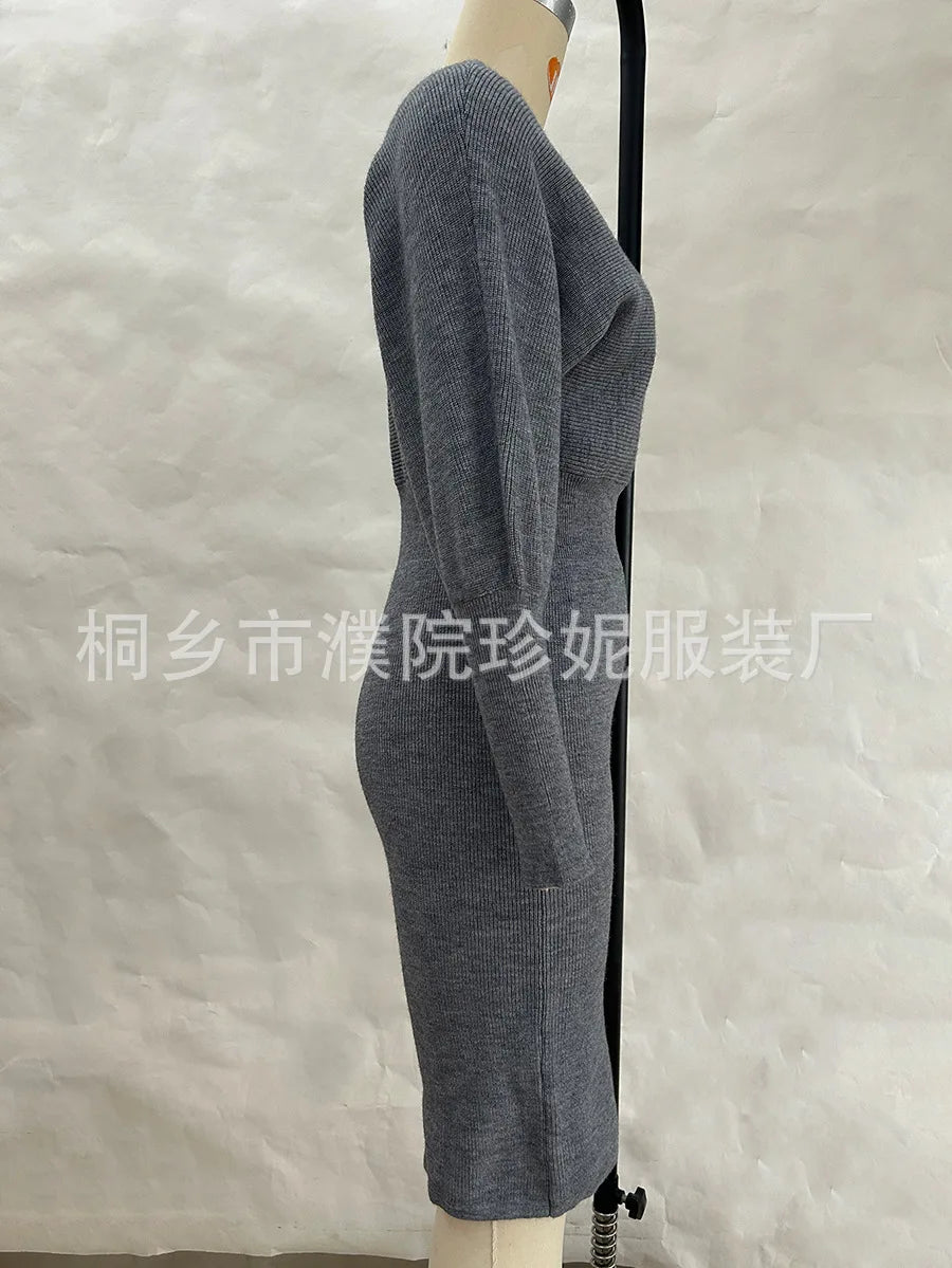 Women Knit Dress Sweater Long Sleeve Round Neck Slim Fit Dresses Tight Waist Thick Warm Vestidos Elegant Lady Skinny Autumn