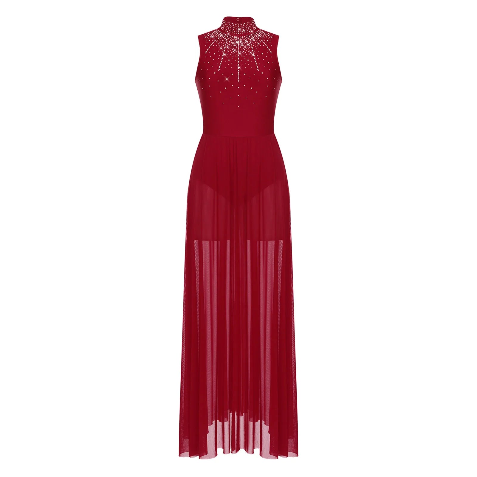 Womens Lyrical Dance Dresses Mock Neck Wide Hemline Shiny Rhinestones Maxi Dress Sleeveless Modern Contemporary Leotard Dresses