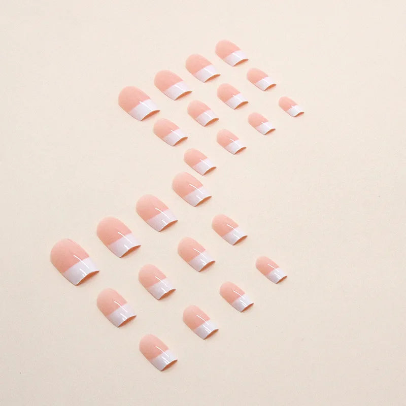 24 Pcs False Nail with Glue Designs Artificial Simple Pink White Art Nail Tip Self-nail Medium Square French Fake Nail Press On