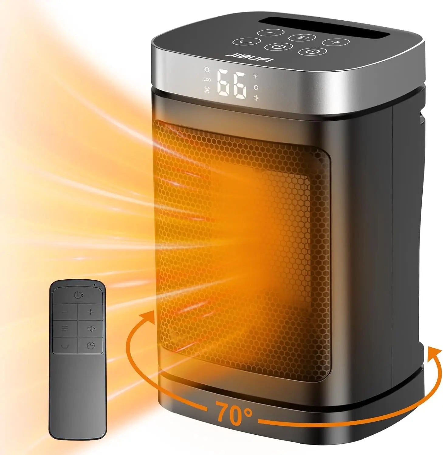 Portable Space Heater with 70° Rotation, 1500W PTC Electric for Bedroom & Office, Remote Control & Timer