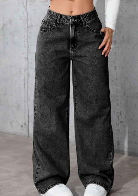 Ladies Washed Wide Leg Jeans High Waist Loose Casual Straight Leg Daily Bottoms