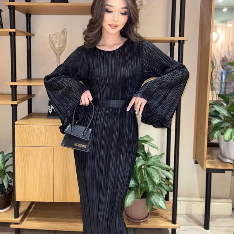Autumn Winter Party Dress for Women 2025 Y2K INS Elegant Fashion Long Sleeve O Neck Lace Up Folds Evening Graduation Long Dress
