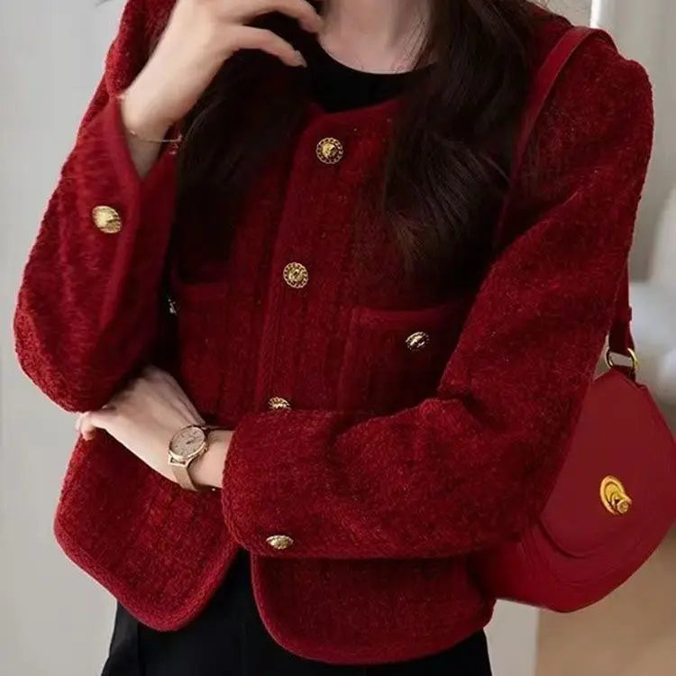 Spring Autumn New Red Tweed Small Fragrance Coat Short Blazers Korean Fashion Elegant Female Tops Outerwear