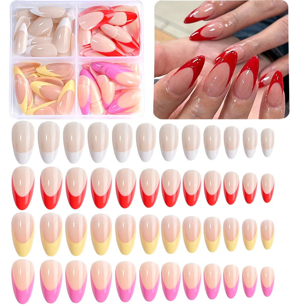 96Pcs/box Mixed Medium Almond French False Nails White/Red/Pink/Yellow French Press On Nails Full Cover Actylic Nail Fake Tips!5
