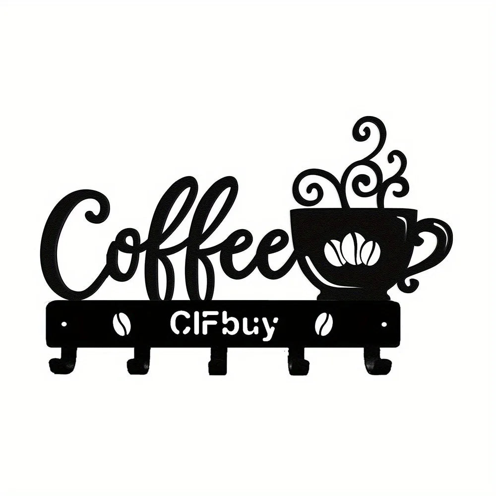 Coffee Bar Decor Rustic Metal Wall Art with Coffee Mug Sign and Hooks