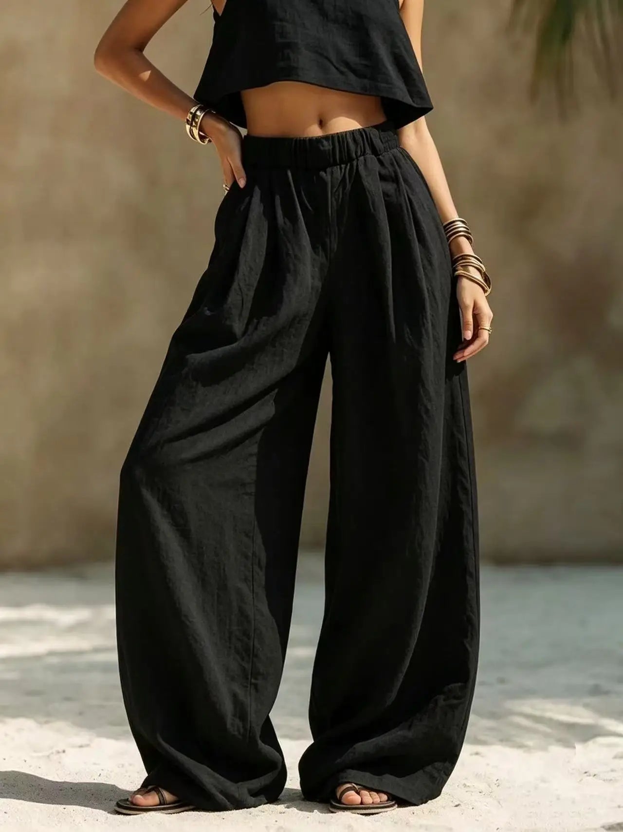 Women's Casual Wide Leg Pants - All Season Comfort Pockets Elastic Waist