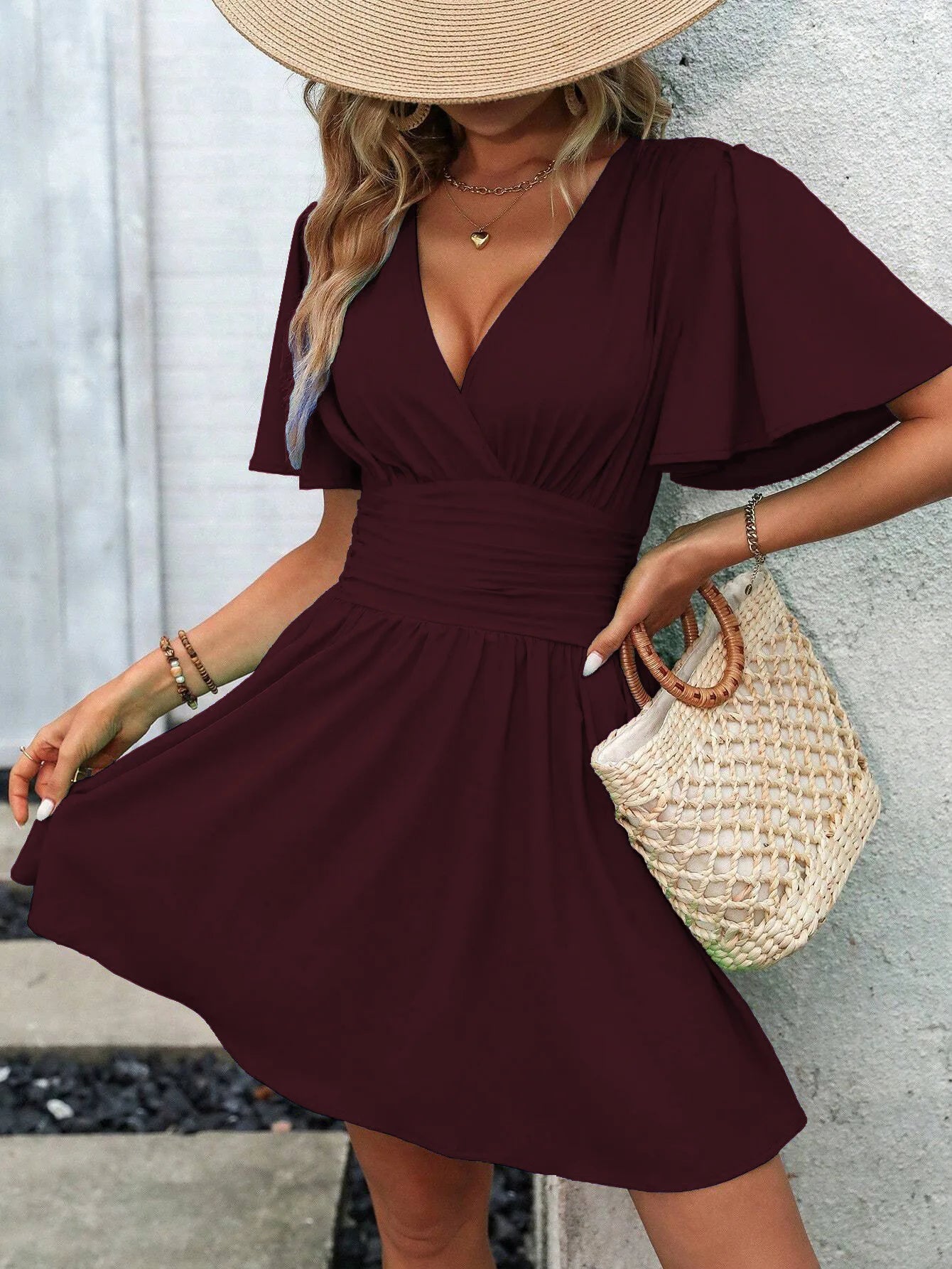 Woman Summer V-Neck Ruffled Sleeve Solid Color Dress Woman Clothing Tops Skirts Y2k Clothes