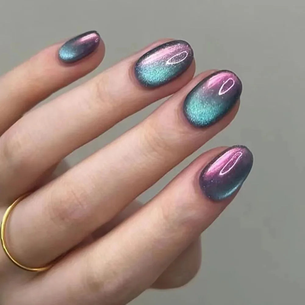 Medium fake nails for women girl gradient blue purple Glossy Almond nail art tips full cover acrylic press on false nail art set