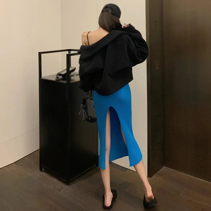 Women Sexy Split Bodycon Long Skirt  Elegant Slim Fit High-Waisted Skirts Female Pure Desire Hot Girl Knitted Elastic Dress