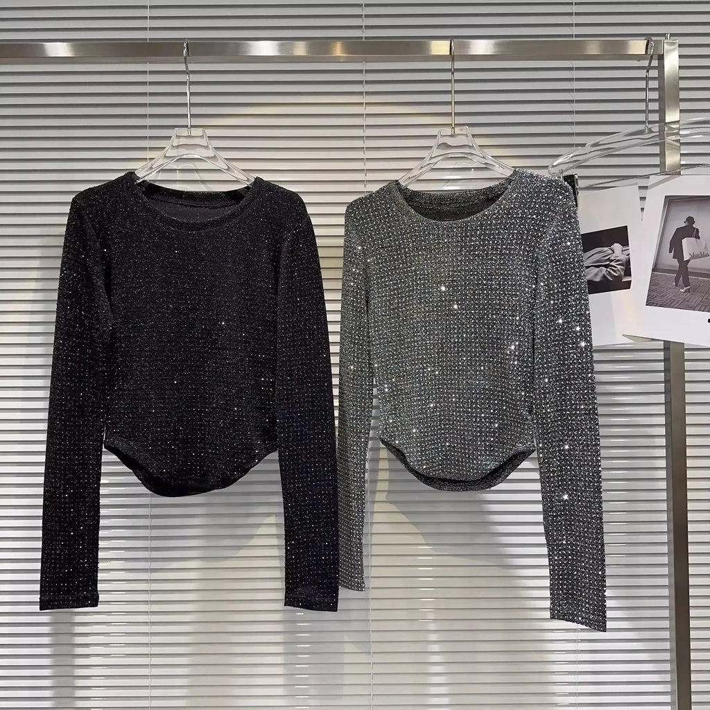 Fat people oversized wear 300 catties fashion rhinestone diamond bright silk curved edge women's long-sleeved T-shirt