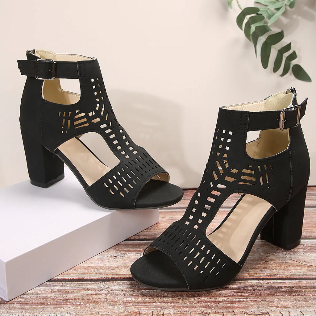 Women Fashion Strap Sexy High Heel Sandals Woman Roman Hollow Pumps Lace-up Peep Toe Sandals Casual Chunky High-heeled Sandals