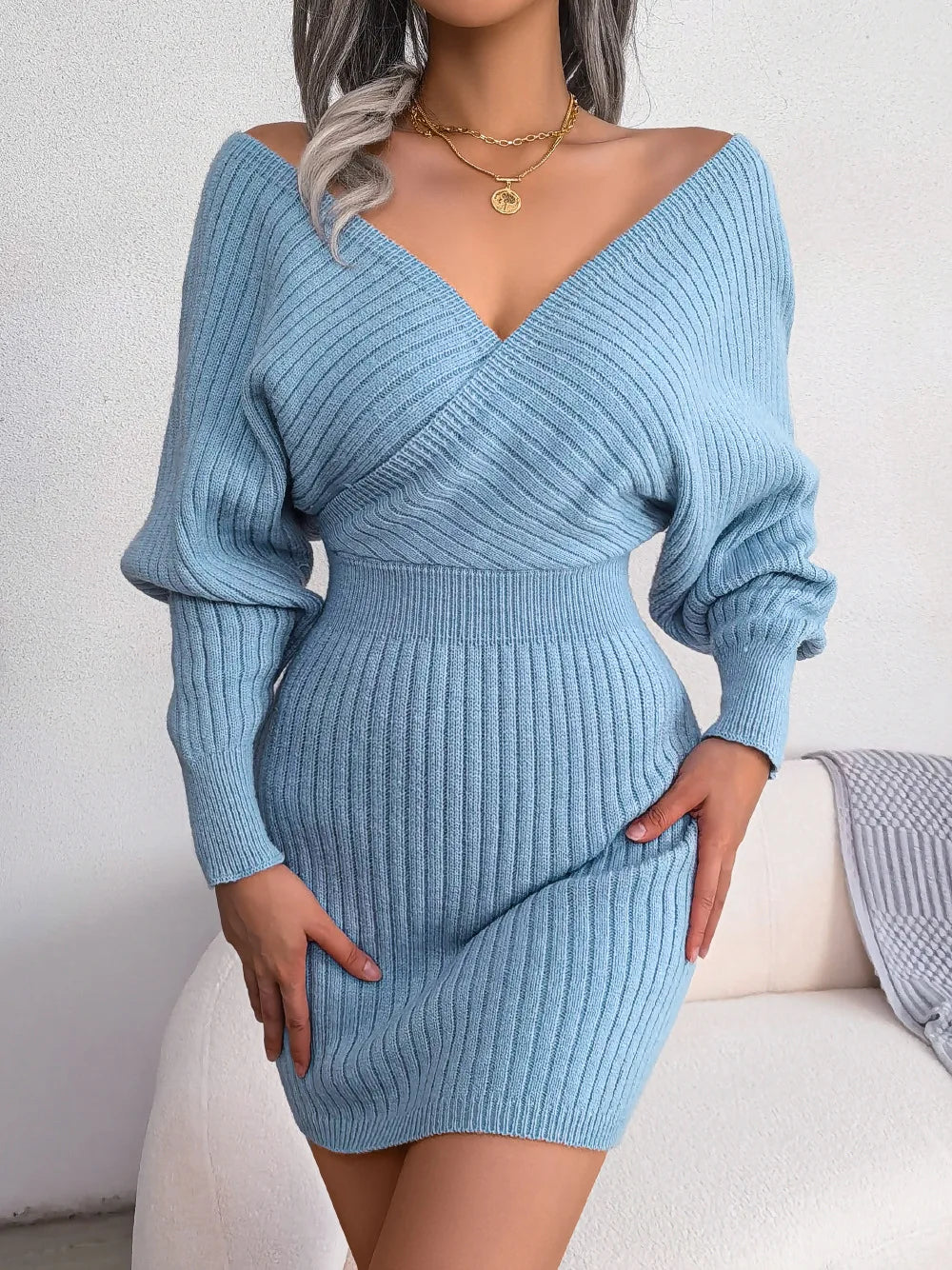 Women's V Neck Waist Tie Sweater Dress - Bodycon Long Sleeve Solid Knit for Fall Winter Holiday Party