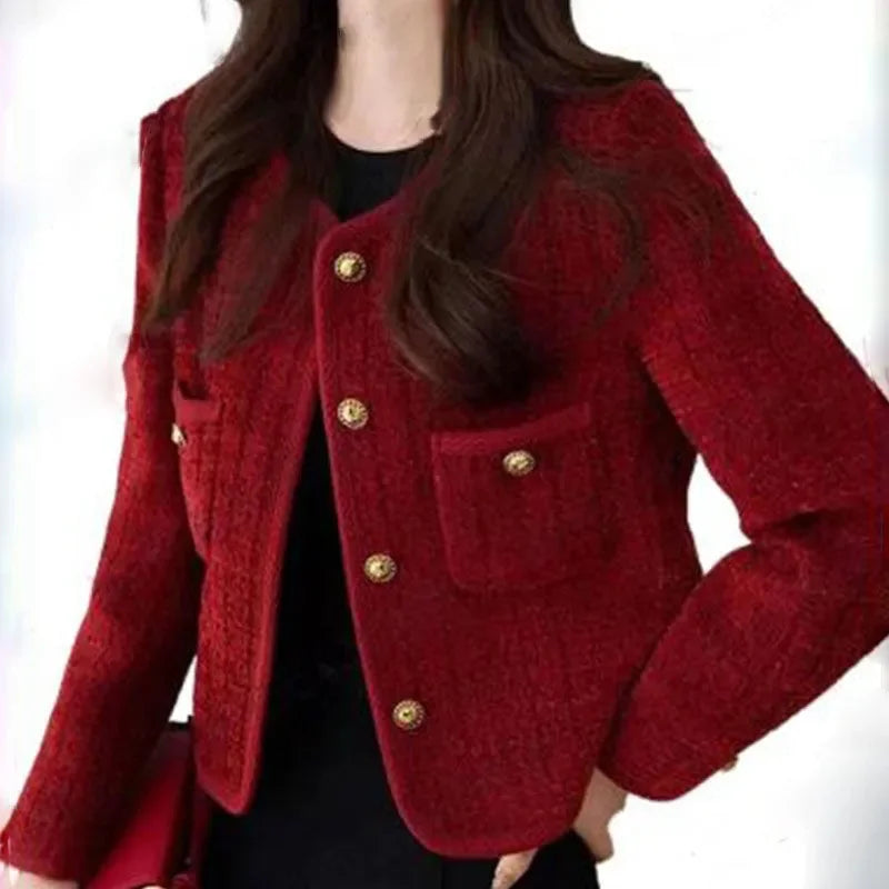 Spring Autumn New Red Tweed Small Fragrance Coat Short Blazers Korean Fashion Elegant Female Tops Outerwear