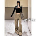 Petite Women's Melange Wide Leg Casual Pants 25 Fall Winter Slim High Waist Retro Floor Length