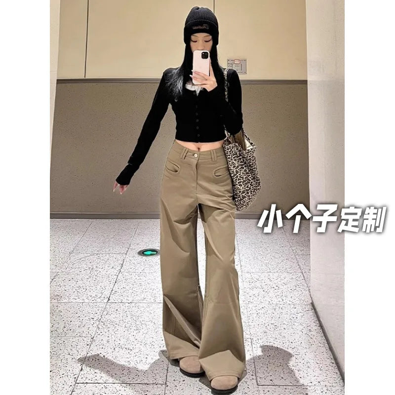 Petite Women's Melange Wide Leg Casual Pants 25 Fall Winter Slim High Waist Retro Floor Length