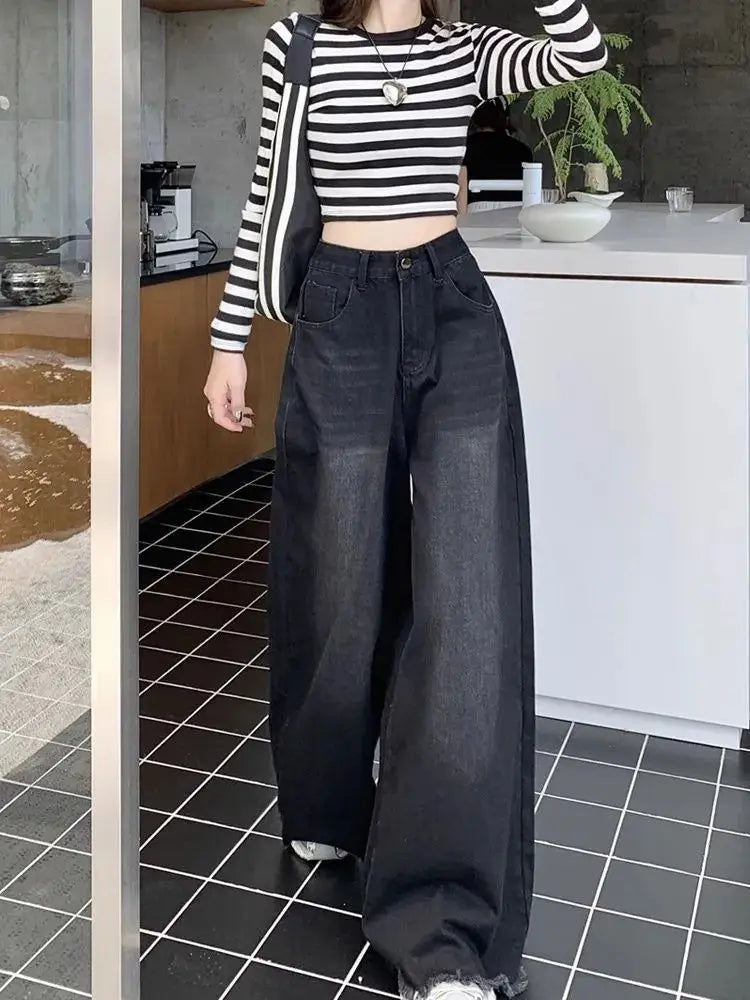 Elegant Chic American Vintage Black Wide Leg Jeans