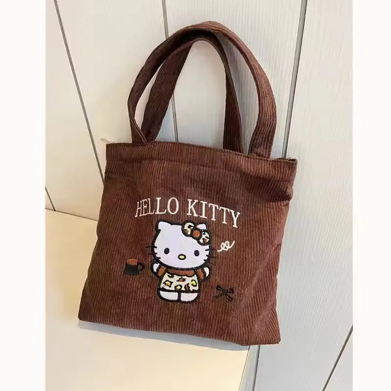 New Hello Kitty Handbag Cute Embroidered Large-Capacity Cartoon Handbag Corduroy Small Bag Students School Single Shoulder Bag