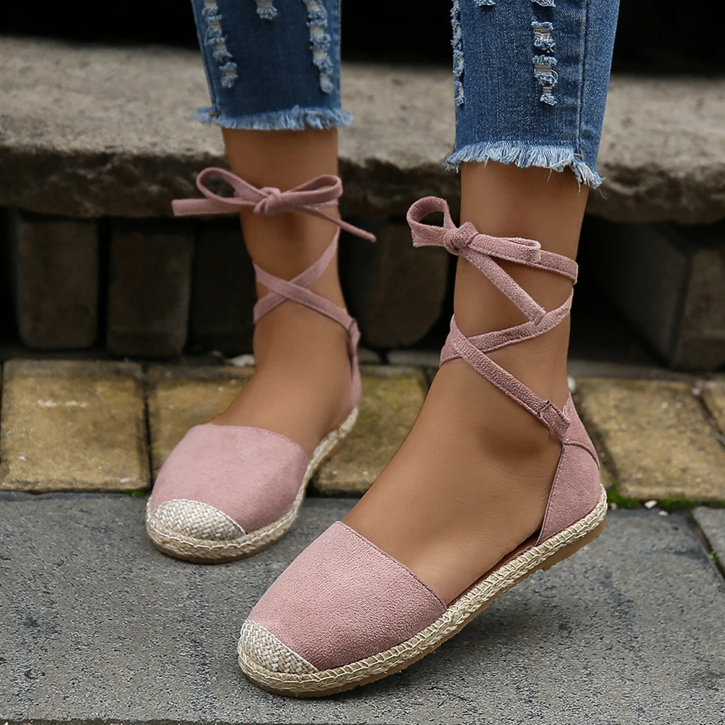 Women Sandals Summer Fashion Round Toe Solid Casual Shoes Flat Ankle Lace Up Rattan Straw Sole Roman Sandals Designer Sandals