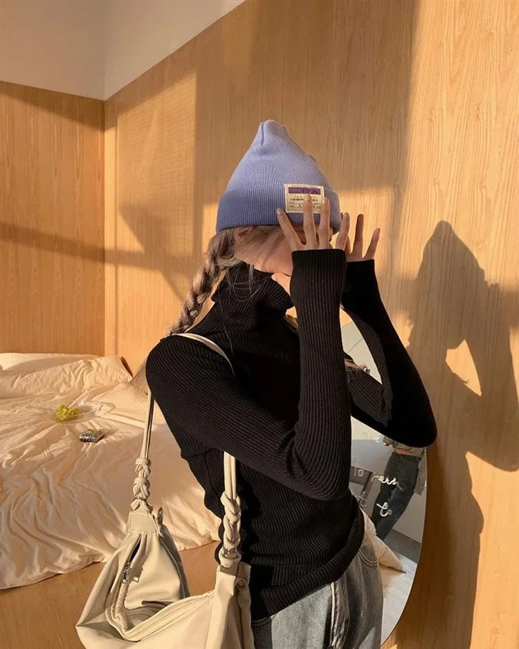 Women Turtlneck Sweater Elegant Solid Basic Knitted Tops Casual Pullover Korean Fashion Simple with Thumb Holes Chic Clothes