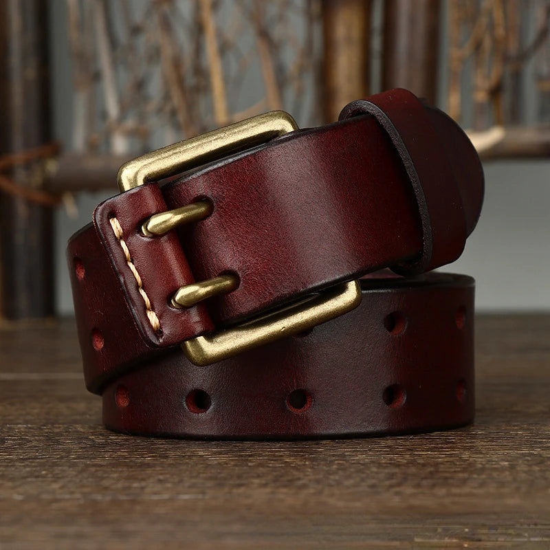 Men's Leather Belt 3.8cm*105-125cm Double Pin Buckle Belts Top Layer Cowhide Genuine Vintage Copper Decor Jeans Male Waistband