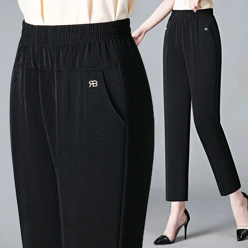 Office Lady Vintage Loose Straight Pants Spring Summer Thin Women Streetwear Fashion Casual Elastic High Waist Cropped Trousers