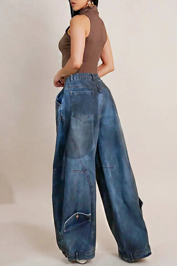 Wide Leg Pants Women Vintage Denim Jeans Punk Style Loose Trousers Stretch Mid Waist Washed Distressed 2026 Mom Streetwear